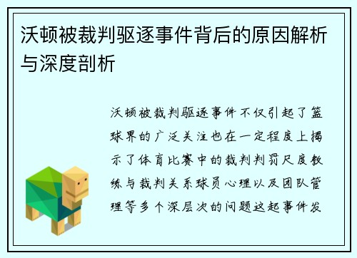 沃顿被裁判驱逐事件背后的原因解析与深度剖析