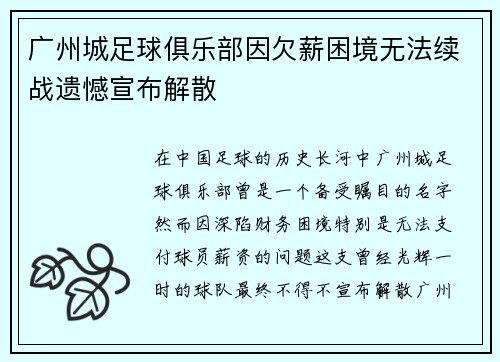 广州城足球俱乐部因欠薪困境无法续战遗憾宣布解散