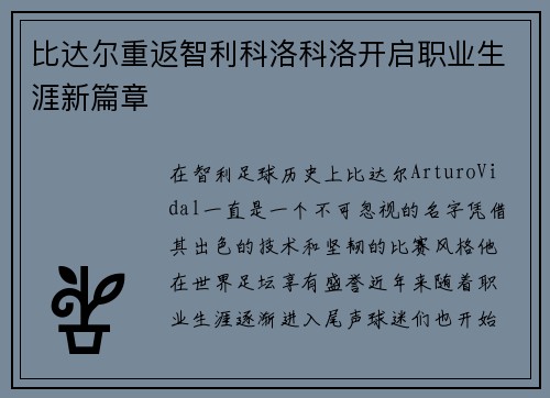 比达尔重返智利科洛科洛开启职业生涯新篇章